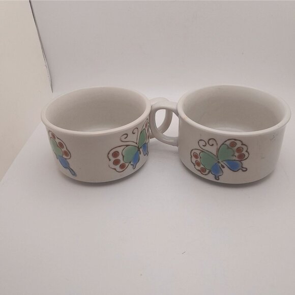 Vintage Butterfly Soup Bowls Cocoa Mugs Large Stoneware 16 oz MCM Boho - Picture 4 of 9